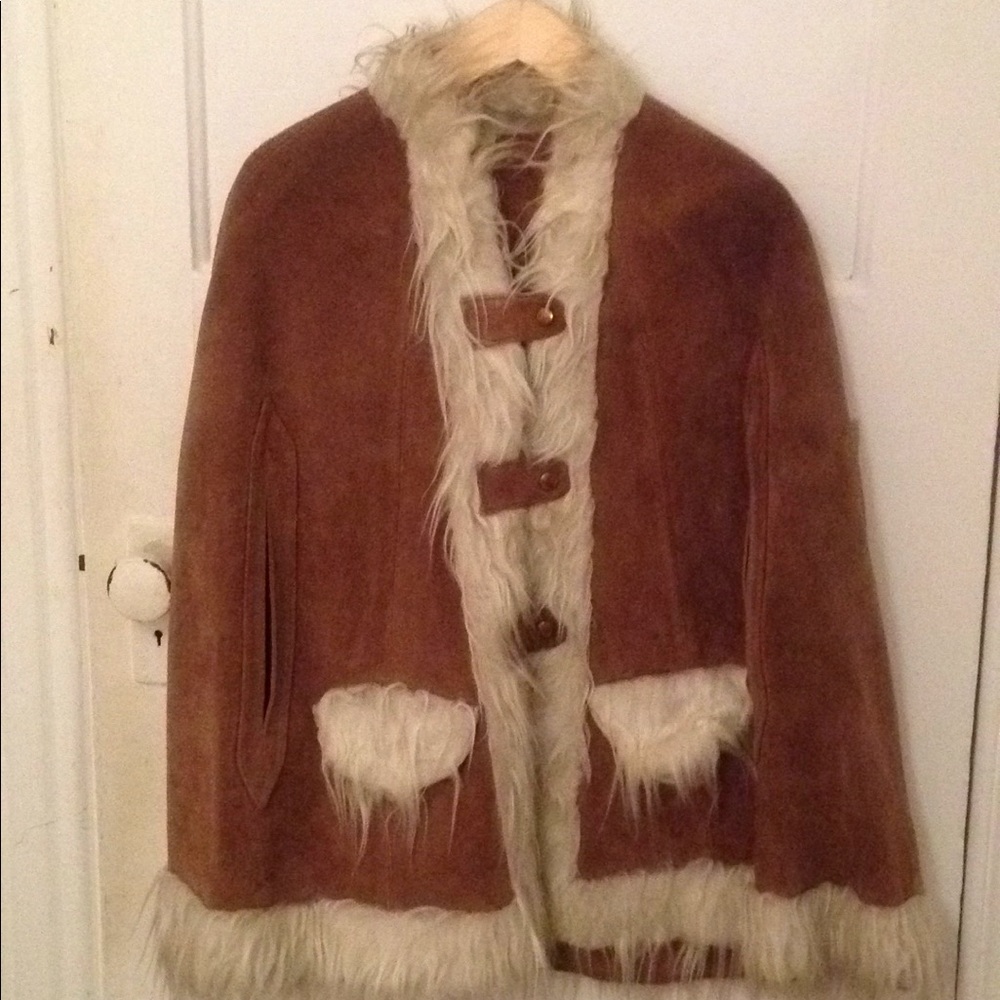 Suede leather poncho faux fur trim short 12